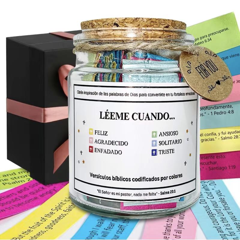 Spanish Bible Verse Jar, 1 Set Glass Scripture Player Jar, Room Decor,Bedroom Decor,Summer Express Emotions and Feelings Gift Bottles for Church Holiday,School Supplies,Fall Decor Tin Canister Organiser