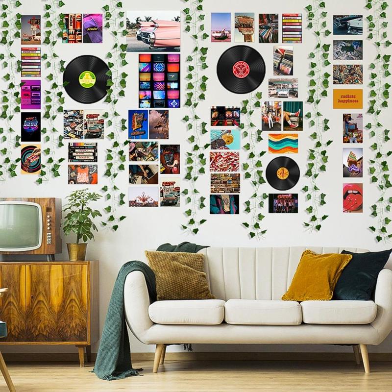 Retro Record Pattern Wall Art, 48pcs set Creative Wall Decor, 80s Theme Poster & Sticker & Artificial Hanging Vine Set, Wall Hanging Decoration for Home Living Room Bedroom Collage Dorm