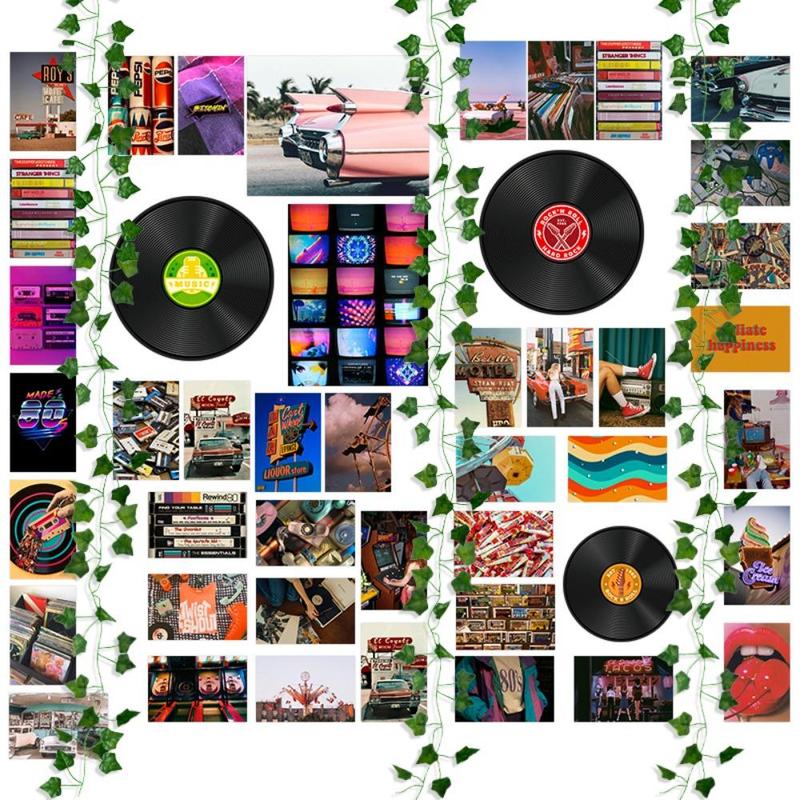 Retro Record Pattern Wall Art, 48pcs set Creative Wall Decor, 80s Theme Poster & Sticker & Artificial Hanging Vine Set, Wall Hanging Decoration for Home Living Room Bedroom Collage Dorm