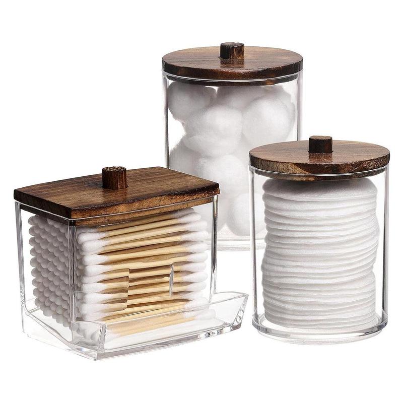 Clear Cotton Swab Storage Box, 3 Counts set Including 1 Count Storage Box & 2 Counts Storage Jar, Home Organizer for Bathroom