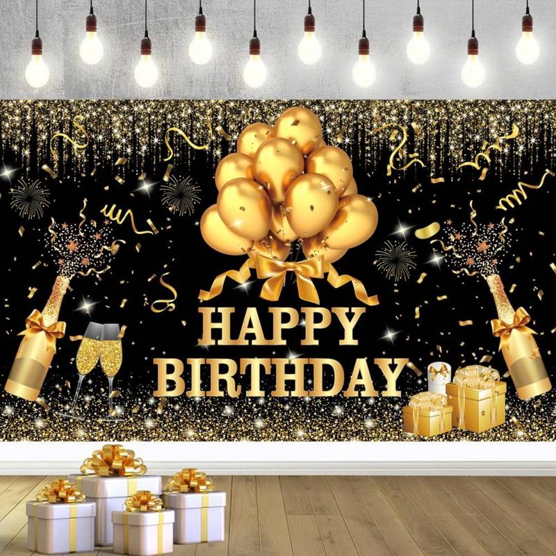 180x120 cm Glitter Gold Black Happy Birthday Backdrops Cloth 71x47 in. Black Golden Birthday Photography Background Happy Birthday Sign Wall Banner Birthday Celebration Decoration for Men Women