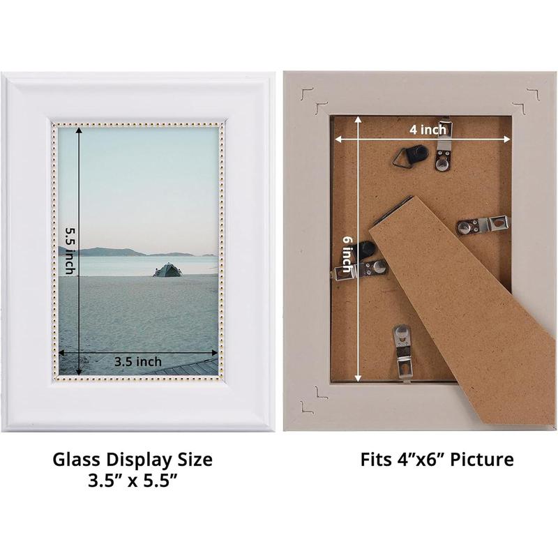 4x6 Picture Frames, Real Glass, Display Photos for Wall or Tabletop, White with Gold Beads, 2-Pack