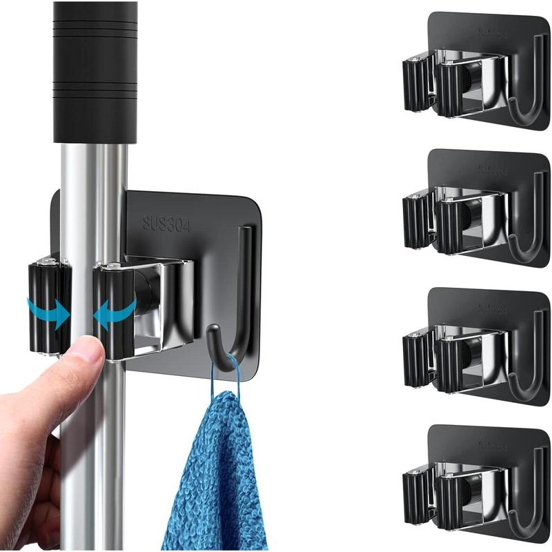 Mop Broom Holder No Drill, Mop Broom Organizer Wall Mounted Heavy Duty with Hooks Hanger, Self Adhesive Stainless Steel 4 Count for Bathroom, Kitchen, Office (Multicolor) Plastic Outdoors