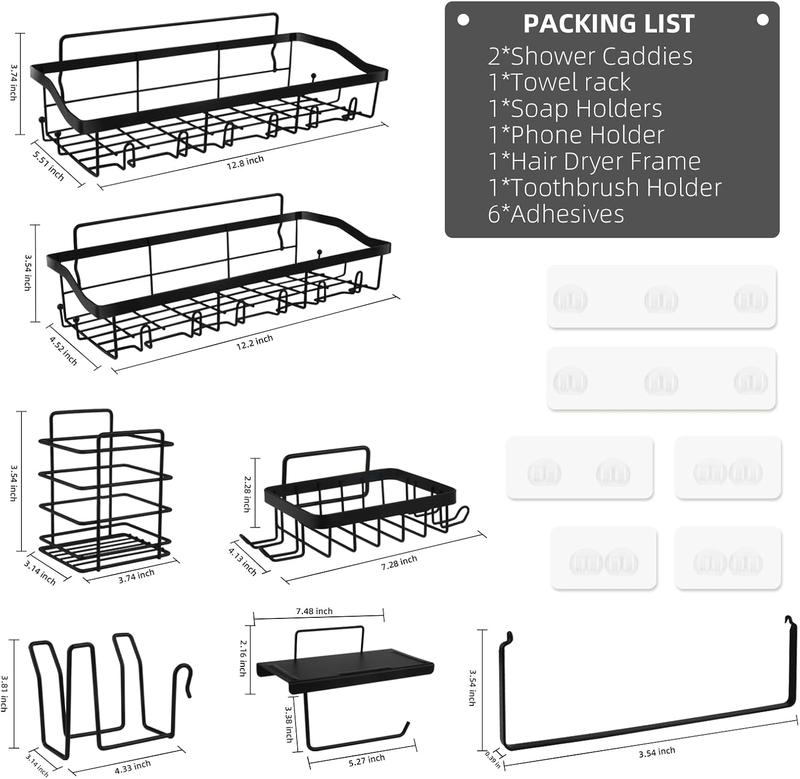 Large Capacity Stainless Steel Shower Caddy 7 Pack Adhesive Shelf Organizers for Bathroom Kitchen Storage