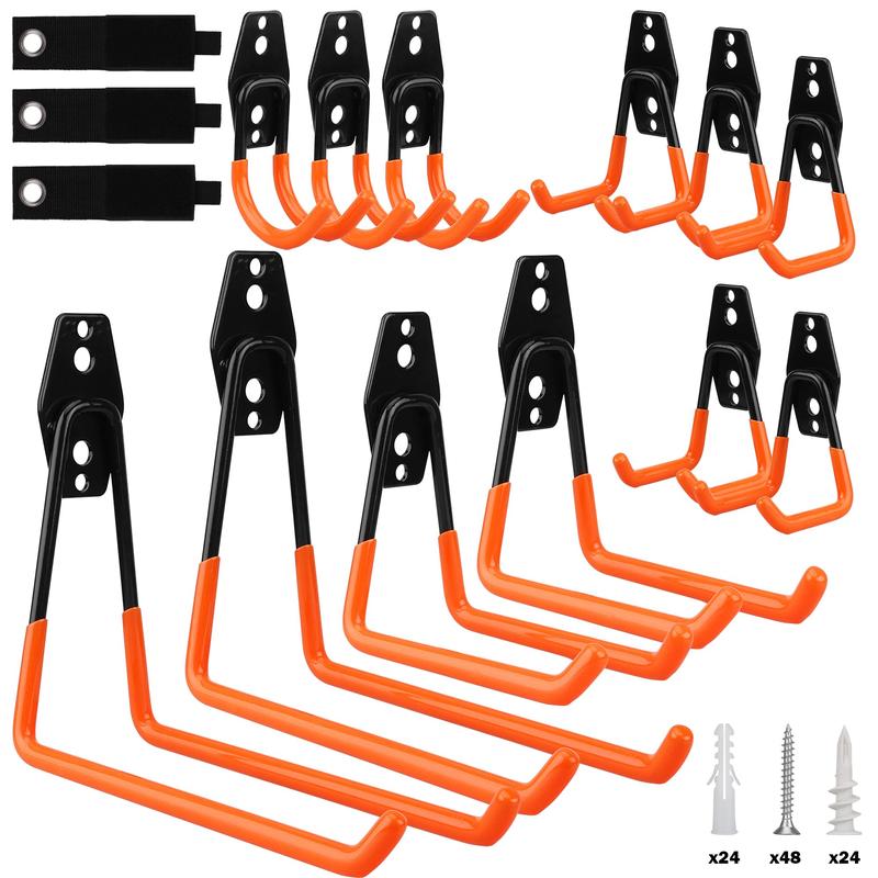 15-Piece Garage Hook Wall Storage Tool, Steel Heavy Duty Bike Hooks, Anti-Slip Utility Hook Hanger, Garden Organizer Wall Mount Assortment, Wood, Brick, Concrete Wall