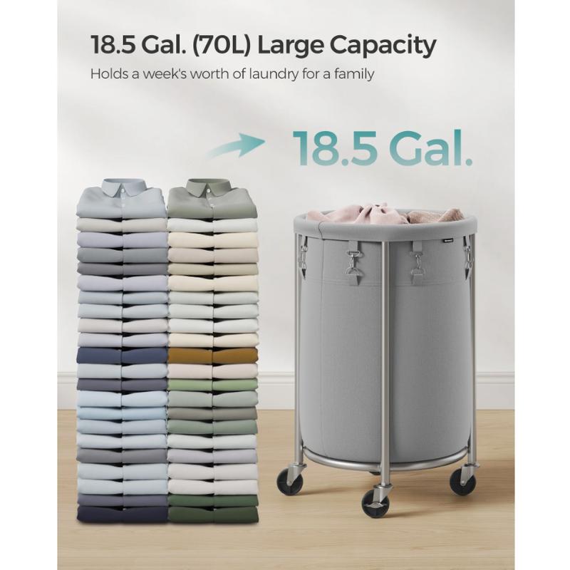 SONGMICS 18.5Gal Round Laundry Sorter Laundry Hamper with Wheels Rolling Laundry Cart with Removable Bag for Laundry Room Gray and Silver1251