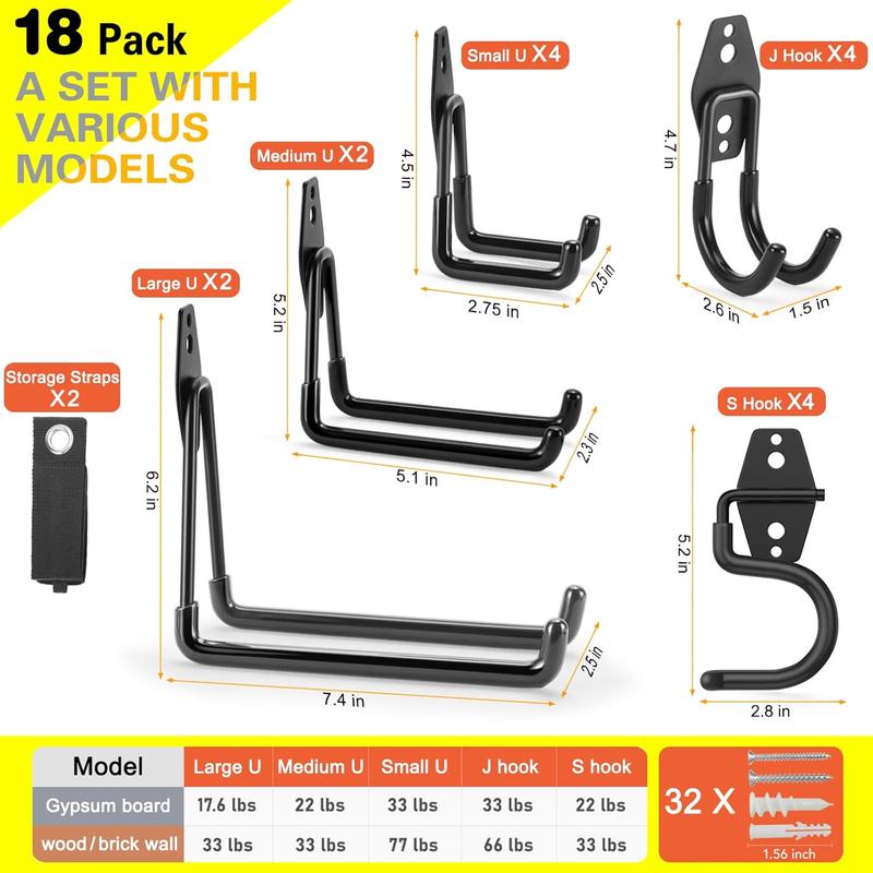 18 Pack Garage Hooks Heavy Duty, Wall Mount Steel Utility Hooks&Hangers, Garage Storage Organization and Tool Hangers for Power & Garden Tools, Ladders, Bikes, Ropes and Bulk Items