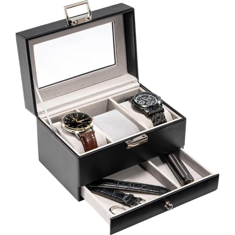 Watch Box for Men, 6 Slot  3Slot Watch Display Case with Drawer, Men Watch Case With Glass Lid, Watch Storage Watch Holder Organizer for Men Women -6 Slot