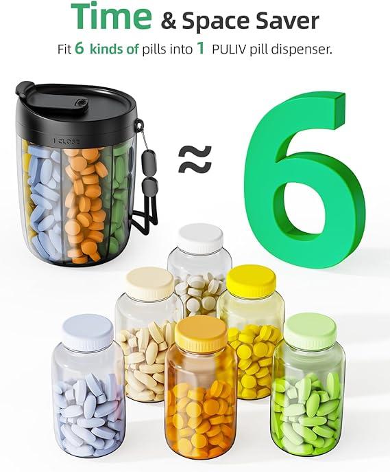 Large Supplement Organizer Bottle - Holds 6 Vitamins in 1 Pill Dispenser with Anti-Mixing & Wide Openings Design