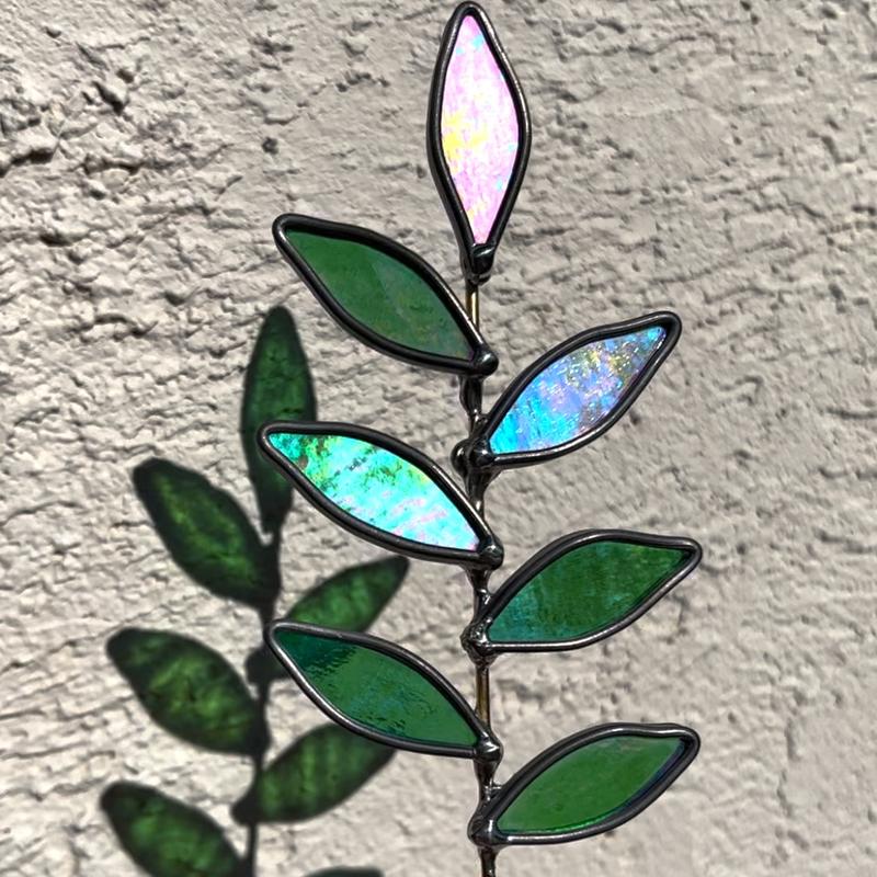 Rainbow Iridescent Green Stained Glass Leaf Stem - Handmade!