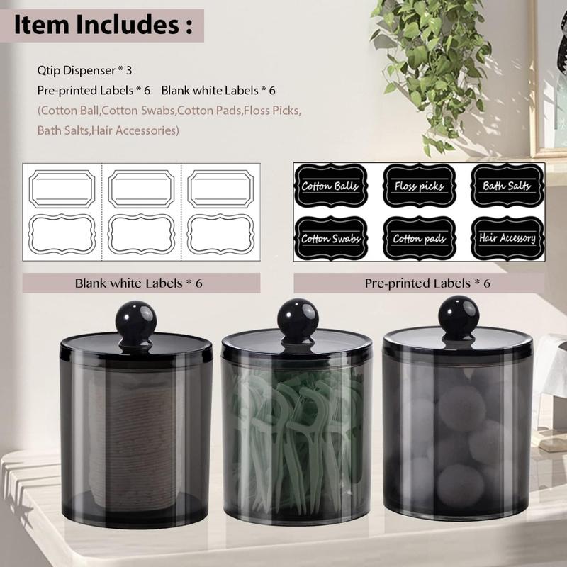 3 Pack Qtip Dispenser Bathroom with Labels 12 oz Black Plastic Holder Storage Set for Cotton Ball Cotton Swab Cotton Rounds,Floss Picks, Hair Clips Hair Ties-Black Bottles Organiser Tin Canister