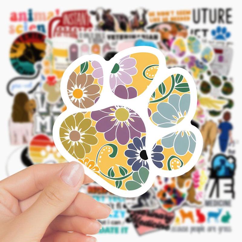 50pcs set Cute Pet Care Theme Pattern Waterproof Decoration Sticker, Veterinary Professional Graffiti Series Graffiti Sticker, DIY Decorative Sticker For Water Bottle Laptop