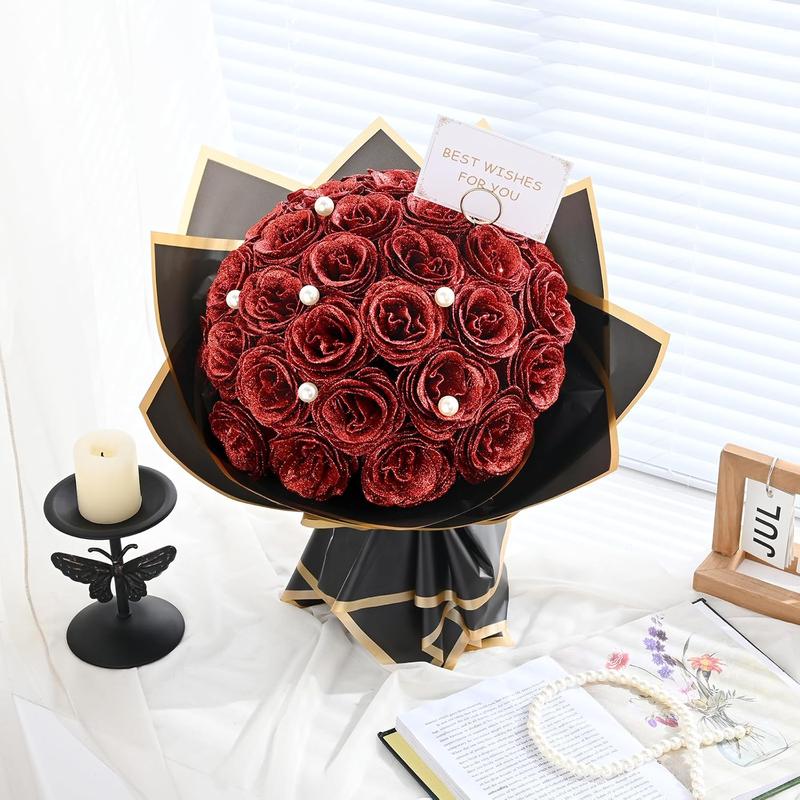 Red Glitter Roses Bouquet, DIY Fake Flowers Bouquet, Everlasting Shiny Artificial Rose Bouquet for Valentine's Day, Anniversary, Engagement, Wedding, 24 Roses Decor Decorative Ornaments gift