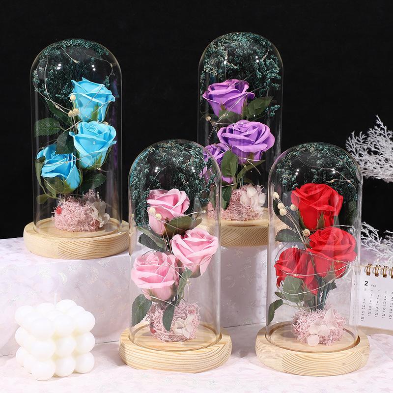 Light Up Artificial Rose with Clear Dome, 1 Count Glass Rose Flower Bouquet, Decorative Flower for Home Party Wedding Anniversary Graduation, Gifts