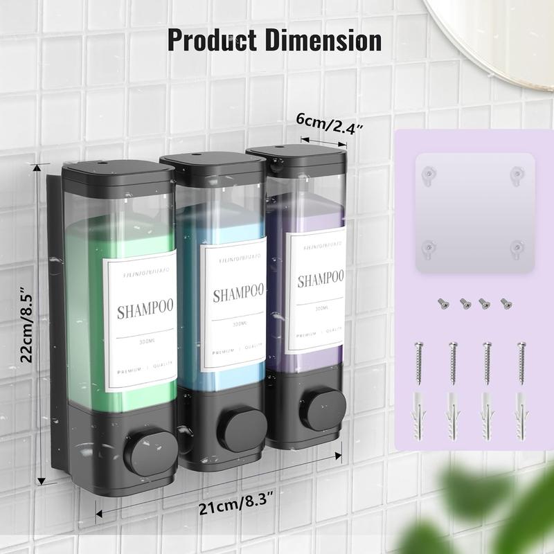 Shampoo and Conditioner Dispenser, 3-Chamber Wall Mounted Shower Soap Dispenser, No Drill Shampoo Pump Dispenser for Shower Bathroom Hotel, 3 * 300ml with Labels, Grey Smooth Transparent