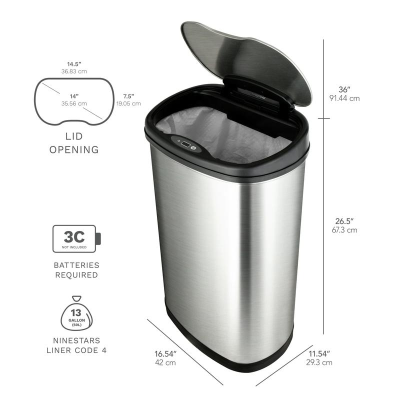 Nine Stars 13.2 Gallon Trash Can, Motion Sensor Kitchen Trash Can, Stainless Steel