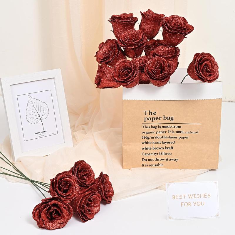 Red Glitter Roses Bouquet, DIY Fake Flowers Bouquet, Everlasting Shiny Artificial Rose Bouquet for Valentine's Day, Anniversary, Engagement, Wedding, 24 Roses Decor Decorative Ornaments gift