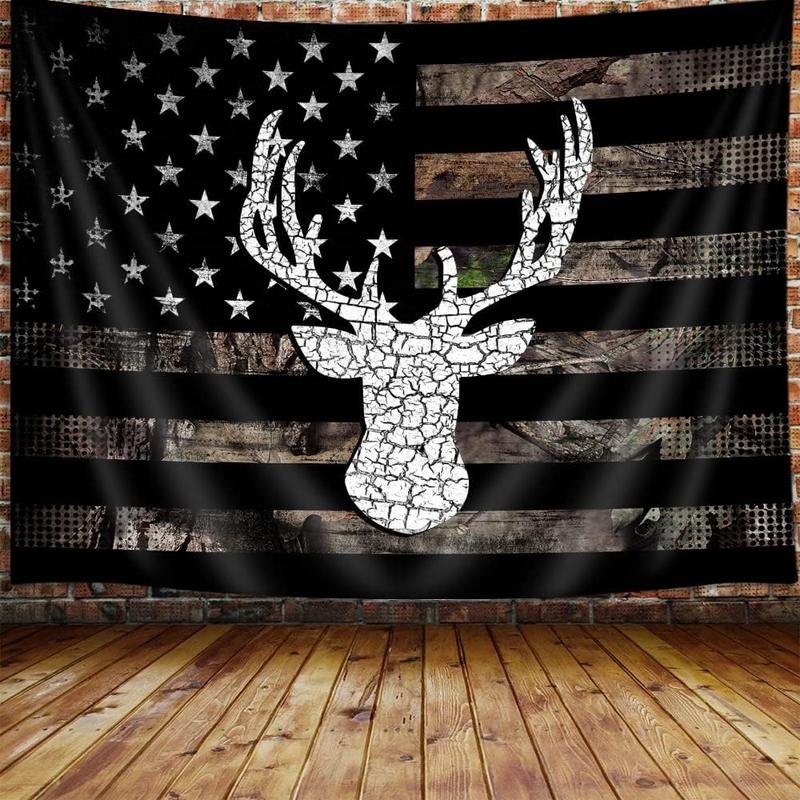 American Flag Hunting Tapestry, Western Black and White Country Deer Tapestry Wall Hanging for Men Bedroom Room, Rustic Camo Tapestries Poster Blanket College Dorm Home Decor 60X40 Inches