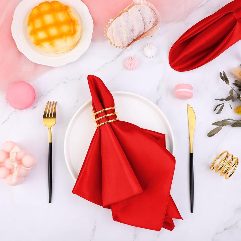 Satin Cloth Napkins and Napkin Rings Set of 8, Smooth Fabric Table Napkins and Napkin Holder for Wedding, Birthday Dinner Party, Family Gatherings, Table Decor (Red, 17 x 17 Inches)