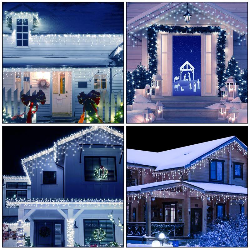 PEMOTech Icicle Lights for Outside - 32.8FT 432 LED Christmas Lights with Remote, 8 Modes, Waterproof for House Decorations Ornaments