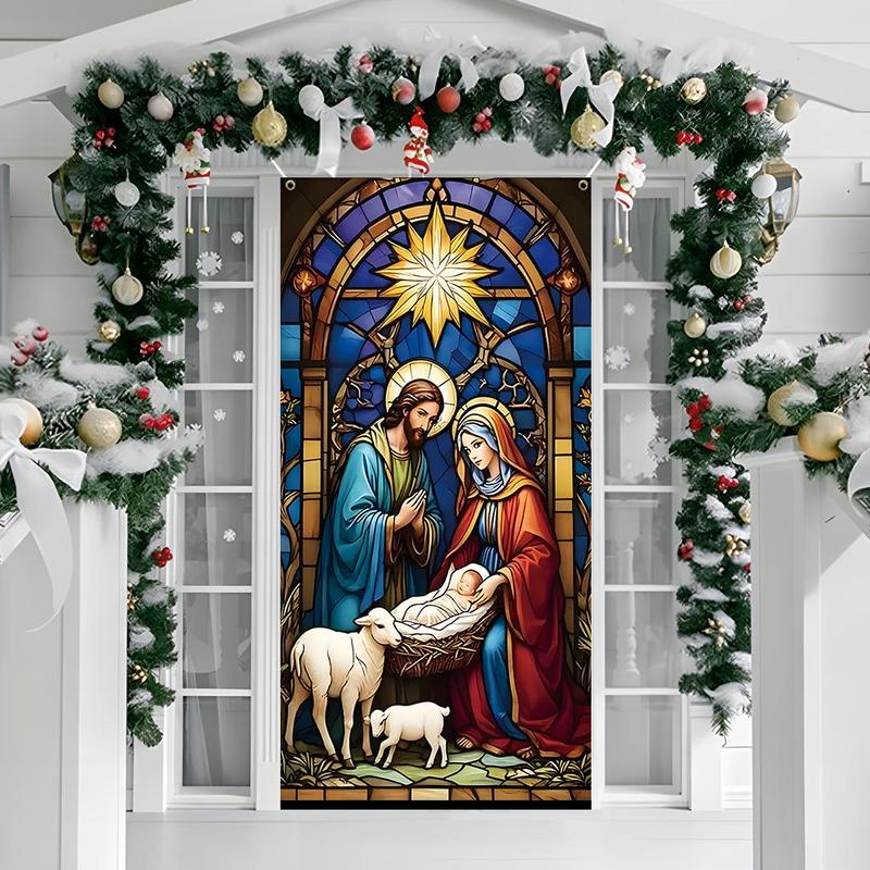 Christmas Eve Themed Door Banner, 1 Count Jesus Birth Door Hanging Banner, Door Curtain, Home Decor for Living Room Bedroom, Festive & Party Supplies