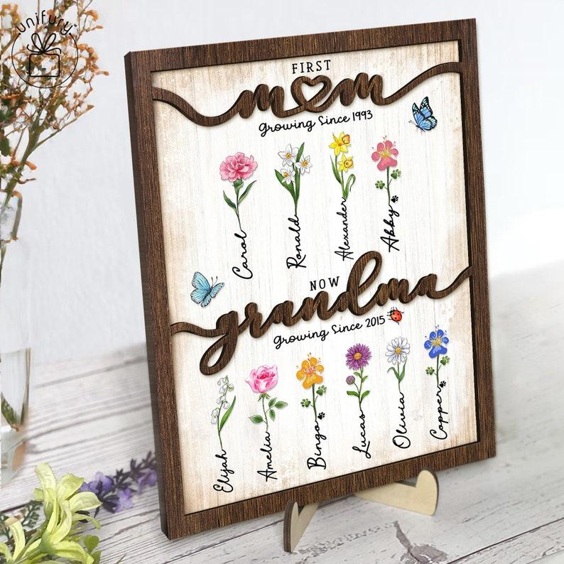 Personalized Flower Birth Month Garden Wooden Sign Frame, First Mom Now Grandma Sign, Gift For Mom Gift For Grandma With Kids Names