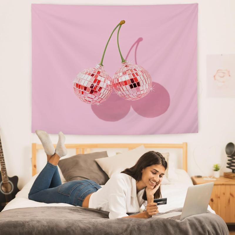 Pink Preppy Cherry Disco Ball Tapestry - Pink Preppy Tapestry Wall Hanging for Girls Room Dorm, Preppy Room Decor Aesthetic, Pink Wall Blanket Decor, 50x60 Inches