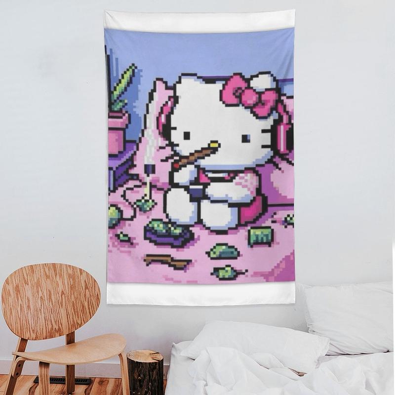 Hello-Kitty Funny Cartoon Tapestry Cute Anime Banner Decoration Bedroom Living Room Dormitory Office Party Birthday Gift