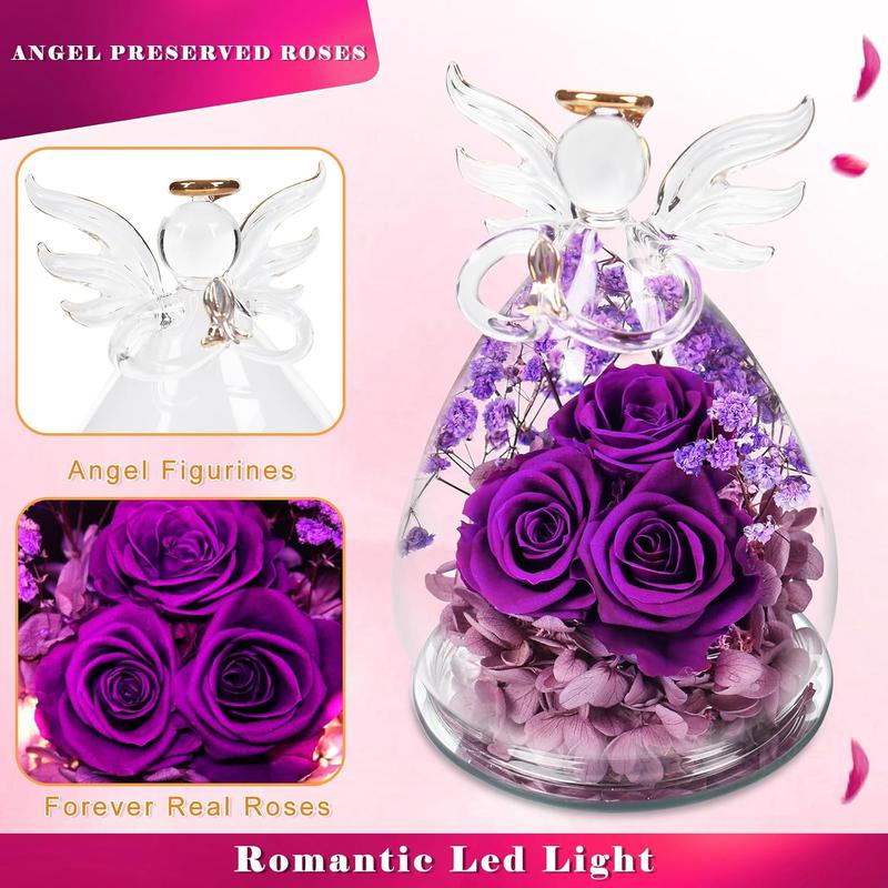 Angel Rose Gifts for Women Mom Christmas Birthday Gifts for Grandma, Xmas Mom Wife Gifts from Daughter Son, Preserved Rose in Glass Angel Figurine Dried Preserved Flower Gifts for Her Purple