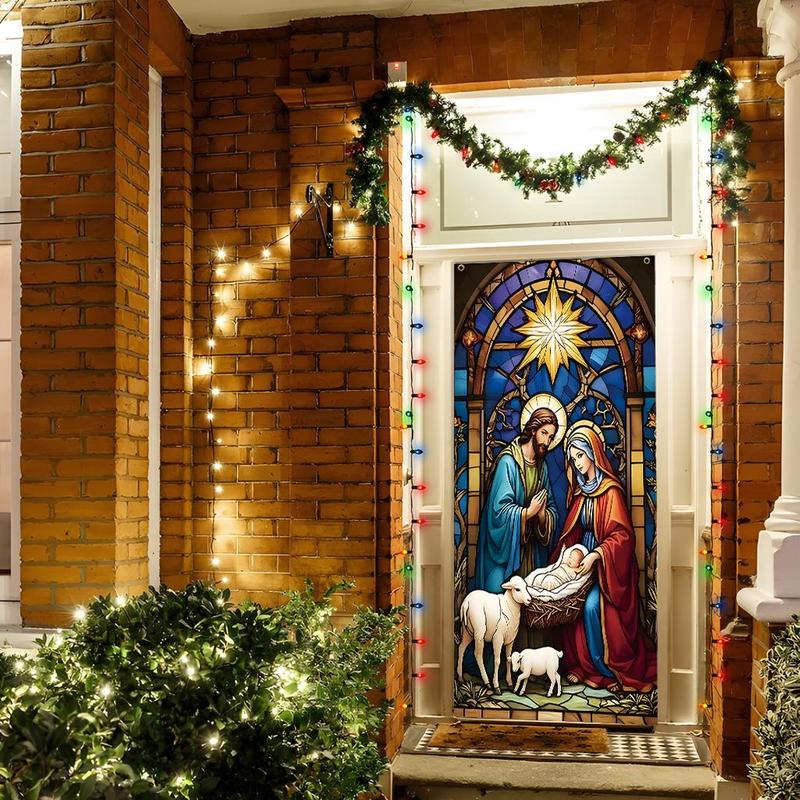 Christmas Eve Themed Door Banner, 1 Count Jesus Birth Door Hanging Banner, Door Curtain, Home Decor for Living Room Bedroom, Festive & Party Supplies