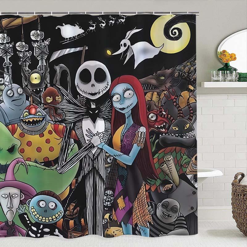 The Nightmare Before Christmas Themed Shower Curtain, 1 Count Waterproof Bathroom Curtain with 12pcs Hooks, Bathroom Decor for Home Hotel Salon Dormitory