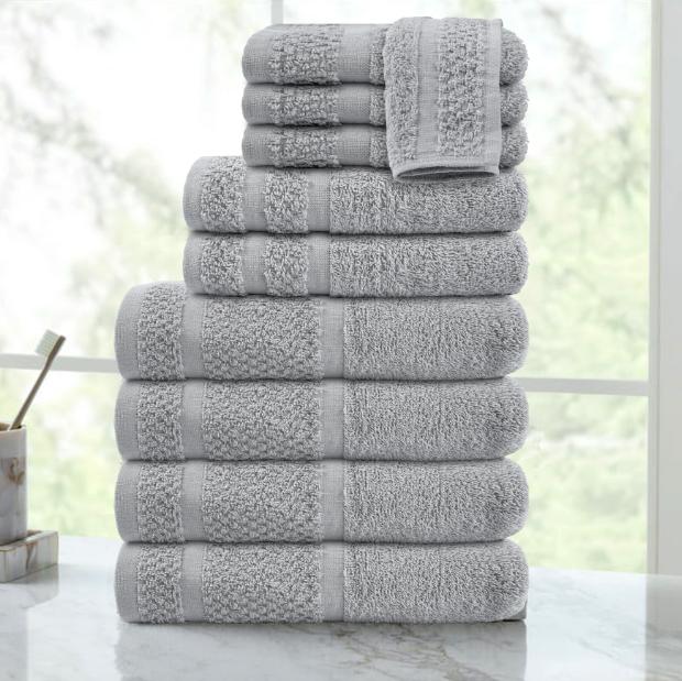 Mainstays 10 Piece Towel Set with Upgraded Softness & Durability, Grey Bath Cotton