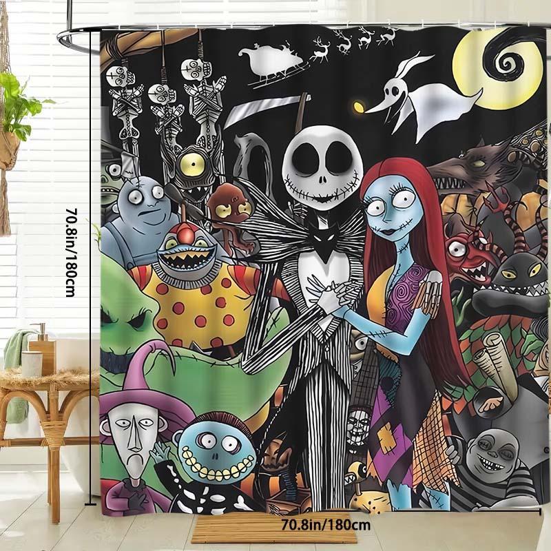 The Nightmare Before Christmas Themed Shower Curtain, 1 Count Waterproof Bathroom Curtain with 12pcs Hooks, Bathroom Decor for Home Hotel Salon Dormitory