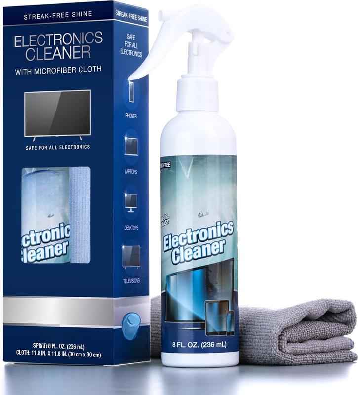 Spray for Electronics Cleaning, Safe Multisurface Cleaner for Any TV, Phone, Monitor, Keyboard, Screen, Computer, Includes Microfiber Towel - 8 Ounce Kit