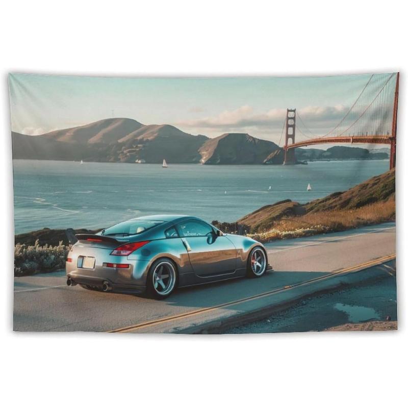 FoRes Sports 350z Jdm Car Golden Gate Bridge Car Tapestry Wall Hanging Funny Wall Tapestry for Bedroom Living Room Office Classroom Dorm Ceiling Home Wall Decor Art Tapestries 30