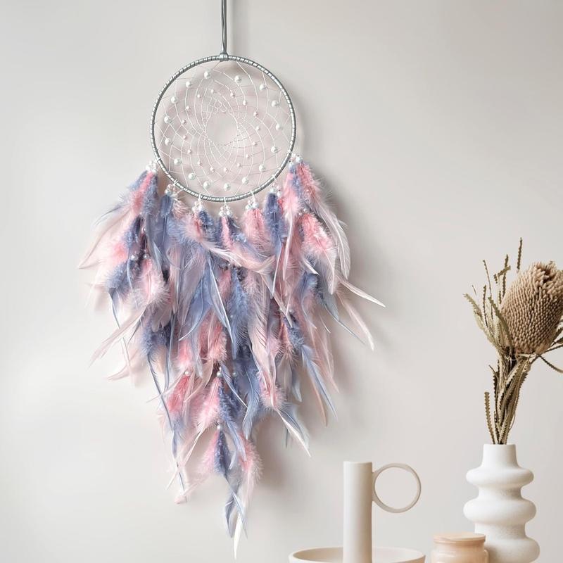 Dream Catchers, Handmade Traditional Circular Net, Wall Hanging for Home Decor, Girl’s Bedroom, Art Ornament Craft Gift (Grey and Pink)