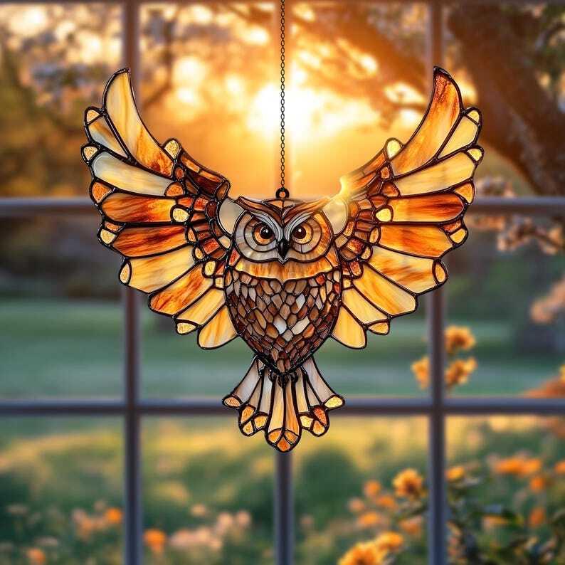 Flying Owl acrylic suncatcher Window Hanging Gothic Owl Halloween Decor, Owl Lover Gift, Bird Home Decor, Bird Lover Gift, Owl Window Art