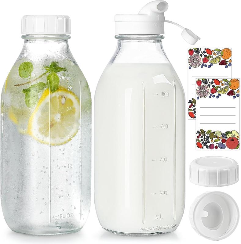 Milk Bottle with Dispenser Cap,  Airtight Heavy Duty Screw Lid. 2 Pack 32 Oz Reusable Glass Bottles with 3 Lids! Jug Pitcher, Buttermilk, Water, Juice Bottles w Cap, Syrup, Honey