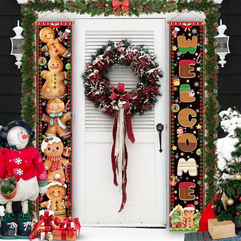 Merry Christmas Door Porch Banner, 1 Count Gingerbread Cookies Christmas Tree Hanging Porch Sign, Creative Welcome Front Door Banners for New Year Christmas