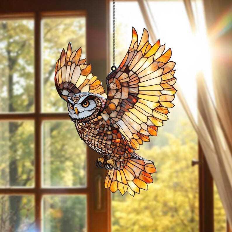 Flying Owl acrylic suncatcher Window Hanging Gothic Owl Halloween Decor, Owl Lover Gift, Bird Home Decor, Bird Lover Gift, Owl Window Art