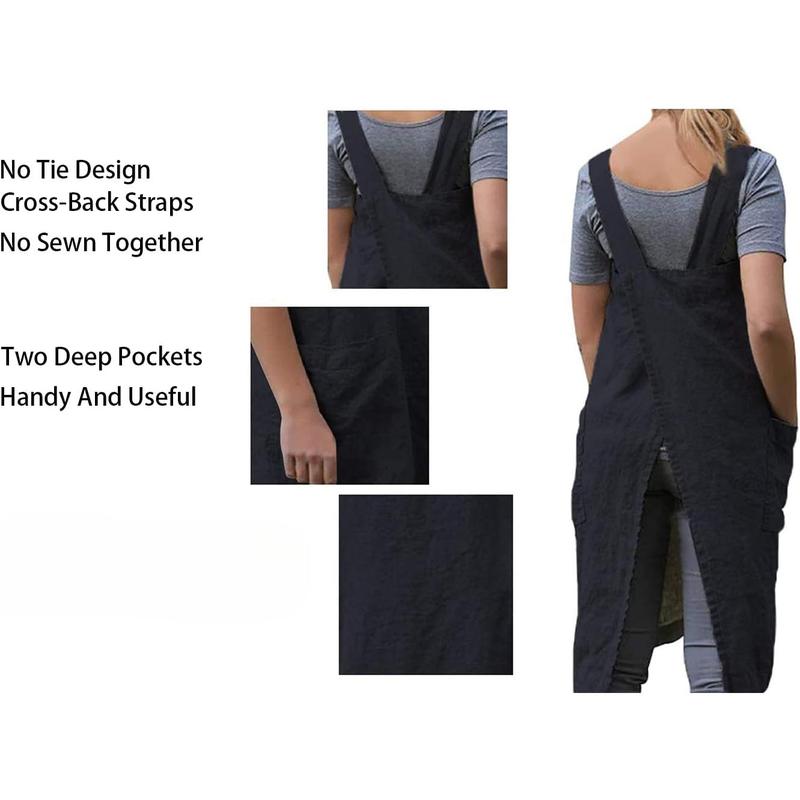 Women's Pinafore Apron Cross Back Apron with Pockets Cotton Linen Apron Dress Plus Size