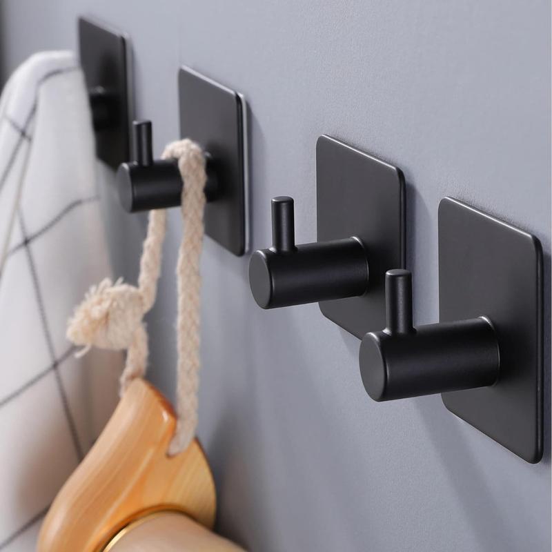 Adhesive Hooks Towel Hook - Wall Hooks Stick on Hooks Heavy Duty for Hanging Towels Coat Hat Bag in Bathroom, Bedroom, Dorm, SUS-304 Stainless Steel Matte Black 4 Packs Organiser Hangable Hangers