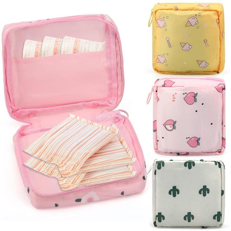 Cartoon Pattern Sanitary Pad Storage Bag, 4 Counts Colorful  Portable   Napkin Sundries Storage Bag, Cute Storage Bag for Indoor & Outdoor