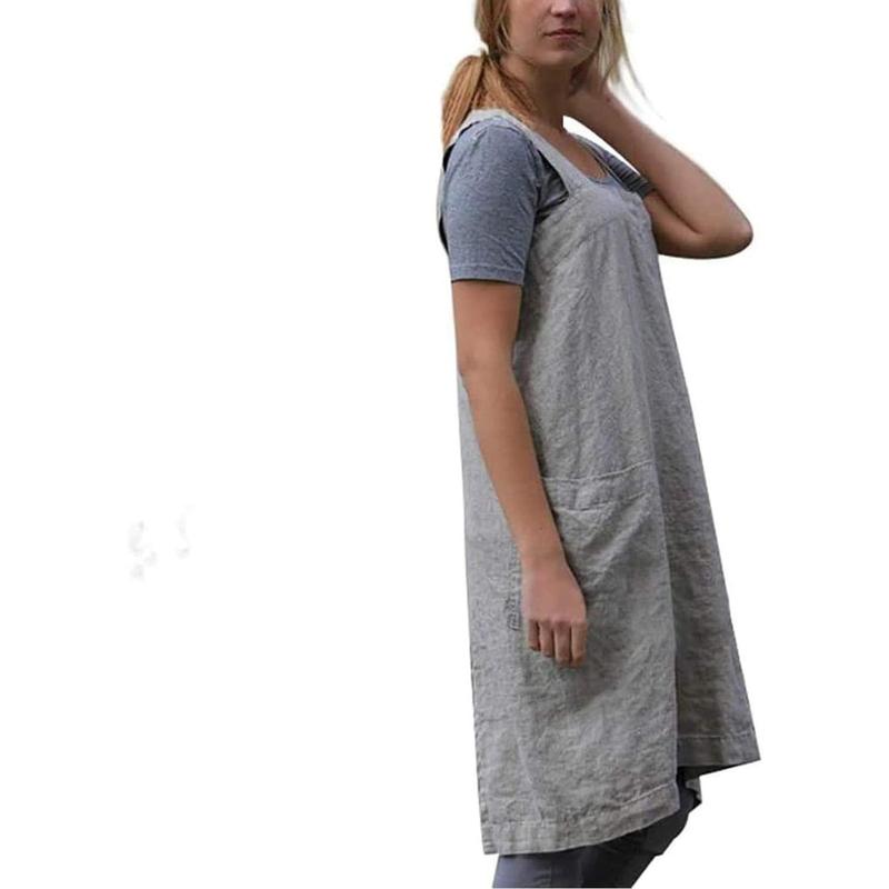 Women's Pinafore Apron Cross Back Apron with Pockets Cotton Linen Apron Dress Plus Size