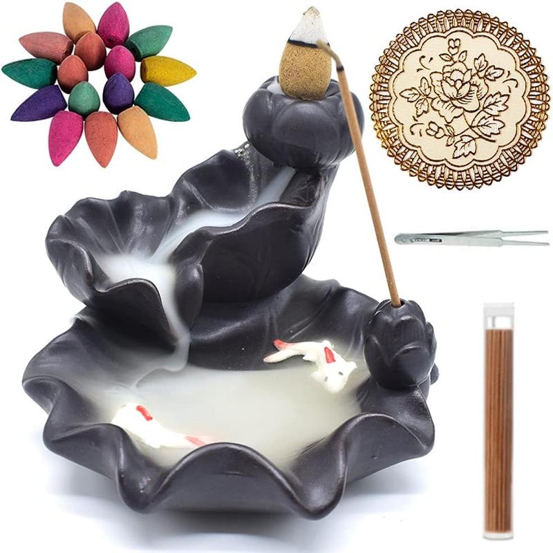 Backflow Incense Holder Waterfall Incense Burner,Home Decor with 30 Backflow Incense Cones + 50 Incense Stick Aroma Ceramic Aroma Ceramic Gift Christmas Freshener Scented Perfume Fragrance