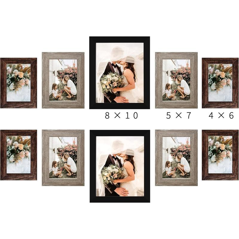 Picture Frame Set 10-Pack, Gallery Wall Frame Collage with 8x10 5x7 4x6 Frames in 3 Different Finishes Decor Photo