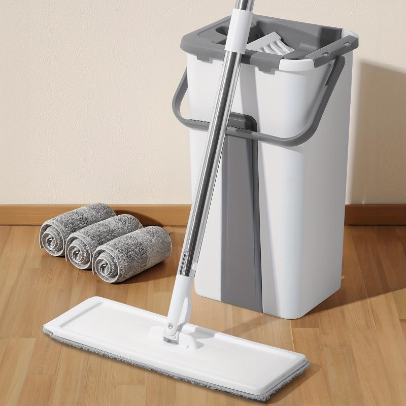 1 Set, Hands-Free Mop And Bucket With Wringer Set, Flat Floor Cleaning System With 3 Washable Microfiber Pads, Dust And Dirt Removal, Wet And Dry Use, Spin Mop For All Floor Types And Windows