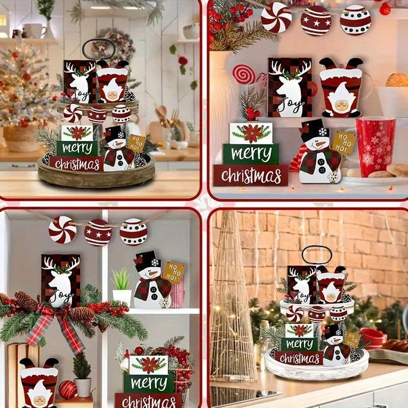 Christmas Themed Tiered Tray Decor, 7 Counts set Wooden Crafts Decoration for Home, Table Centerpieces, Festive Gifts