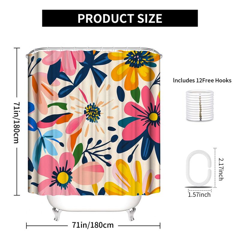 Floral Print Shower Curtain, Boho Style Bathroom Curtain with 12pcs Hooks, Waterproof Fabric Shower Curtain for Home Bathroom Decor