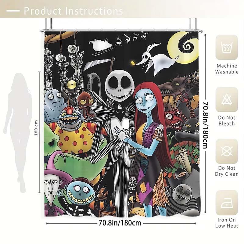 The Nightmare Before Christmas Themed Shower Curtain, 1 Count Waterproof Bathroom Curtain with 12pcs Hooks, Bathroom Decor for Home Hotel Salon Dormitory